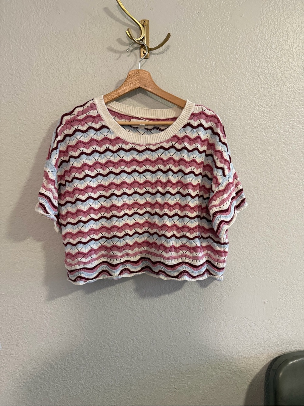 Striped Open-Knit Short Sleeve Sweater Top - Pink